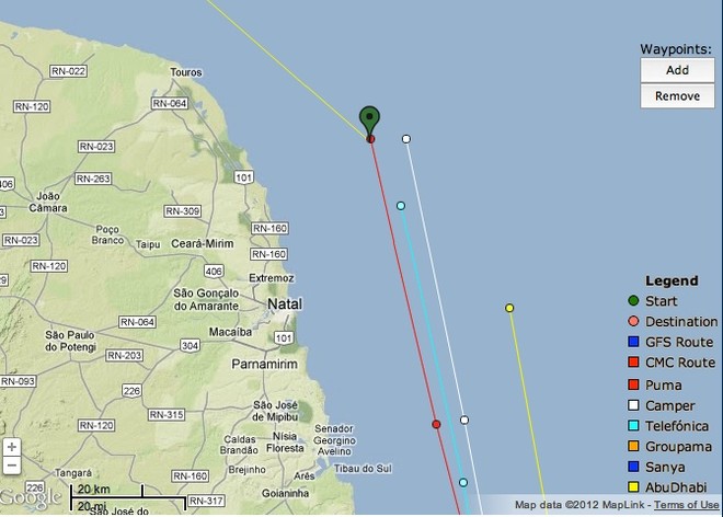 Predictwind shows Puma has a battle with Camper (White) and Telefonica (Aqua), as the exit the South America coast. Previously Puma had been clear ahead of Camper, by an hour, and Camper was previously in a direct line astern of the US entry. © PredictWind.com www.predictwind.com